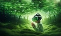 Children wearing vr glasses sleep, dream, bright thoughts, Metaverse, technology futuristic concept, green earth background. Royalty Free Stock Photo