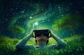 Children wearing vr glasses sleep, dream, bright thoughts, Metaverse, technology futuristic concept, green earth background. Royalty Free Stock Photo