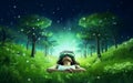 Children wearing vr glasses sleep, dream, bright thoughts, Metaverse, technology futuristic concept, green earth background. Royalty Free Stock Photo