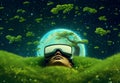 Children wearing vr glasses sleep, dream, bright thoughts, Metaverse, technology futuristic concept, green earth background. Royalty Free Stock Photo