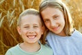 Children in a wheat field. A boy and a girl are sitting hugging against the background of rye ears. Portrait of a brother and Royalty Free Stock Photo