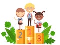 Children winning in school competition, vector illustration. Smart kids with books on winner podium, happy boy and girl