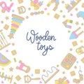 Children wooden toys set. Design template for banner, poster, logo Royalty Free Stock Photo