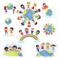 Children world vector happy kids on planet earth in peace and worldwide earthly friendship illustration peaceful