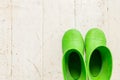 Children's boots.Pair of children green rubber boots, gumboots for rainy days.Fall, Autumn or spring concept - kids Royalty Free Stock Photo