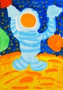 Children's drawing astronaut on a planet in a space