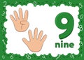 Children's educational cards with numbers. Flashcards finger counting. Kid's hand showing the number nine by fingers Royalty Free Stock Photo