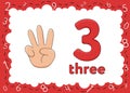 Children's educational cards with numbers. Flashcards finger counting. Kid's hand showing the number three by fingers Royalty Free Stock Photo