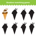 Children's educational game, find correct shadow silhouette. Sweets, ice cream, set the game to find the right shade. Vector