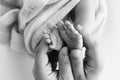 Children& x27;s foot in the hands of mother, father, parents. Feet of a tiny newborn Royalty Free Stock Photo