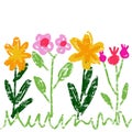 Children's hand drawn set of blooming flowers. Vector kids floral spring drawing