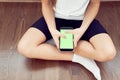 Children& x27;s hands using a phone with a green screen. A little girl is sitting on the floor and holding a smartphone