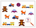 A children's logic game, find the one of a kind. children's toys, cars, balls, bears, airplane, helicopter. vector