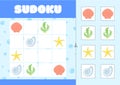 Children's logic game - Sudoku with pictures on a marine theme. Algae, shells. Vector illustration. Royalty Free Stock Photo