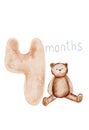 Children's Monthly Milestone Card. Baby card watercolor illustration with number 4. Cute metric hand drawing with Royalty Free Stock Photo