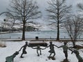 Children's monument near a navy pier in Chicago, Illinois covered with snow Royalty Free Stock Photo