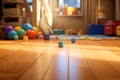 Children's room interior with toys on the wooden floor. Playroom with plastic colorful toys. Generative AI