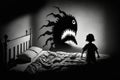 Children& x27;s sleep problem. Sleep fears. nightmares, scary dreams, children& x27;s room, gloomy dark atmosphere