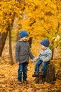 Children in yellow and gold autumn forest. Two little brothers on a wooden stump in fall park. Family walk outdoor. Friendly Royalty Free Stock Photo