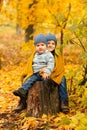 Children in yellow and gold autumn forest. Two little brothers on a wooden stump in fall park. Family walk outdoor. Friendly Royalty Free Stock Photo