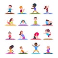 Children in yoga poses. Cartoon fitness kids in yoga asana. Vector characters isolated set