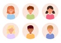 Set of kids faces, avatars, children heads different nationality in circle background. Vector illustration in flat cartoon style. Royalty Free Stock Photo