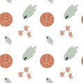 Childrens adventure pattern with cosmic objects and galaxy elements, cute planets. Royalty Free Stock Photo