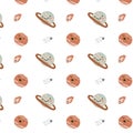 Childrens adventure pattern with cosmic objects and galaxy elements, cute planets. Royalty Free Stock Photo