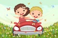 Childrens adventure in small car on flowering meadow. Kid drives pedal or electric toy automobile. Cartoon illustration