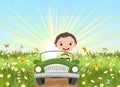 Childrens adventure in small car on sunrise. Kid drives pedal or electric toy automobile. Cartoon illustration. Summer