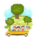 Childrens adventure in small yellow bus. Kid drives pedal or electric toy automobile. Cartoon illustration. Summer rural