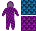Childrens apparel template. Jumpsuit with pattern of fish. 3D ba