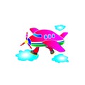 Childrens application, illustration the pink plane. Running legs by clouds. Vector