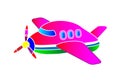 Childrens application, illustration the pink plane. Running legs by clouds. Vector
