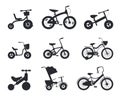 Childrens bicycles and run bikes silhouettes, vector illustration isolated.