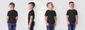 Childrens black clothes template for design presentation, t-shirt on boy, front, side, back view