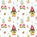 Childrens bright pattern with gnomes, baskets and plants on an Easter theme