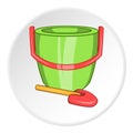 Childrens bucket with shovel icon, cartoon style