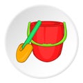 Childrens bucket with shovel icon, cartoon style