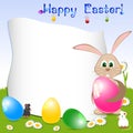 Childrens card for Easter with painted eggs and rabbit on floral meadow. Place for text