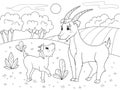 Childrens cartoon coloring book. A family of goats in a meadow.