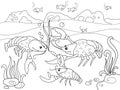 Childrens cartoon family of crayfish on the bottom of the pond. Raster illustration of a coloring book.