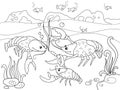 Childrens cartoon family of crayfish on the bottom of the pond. Vector illustration of a coloring book.