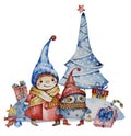 Childrens characters watercolor illustration - gnome with an owl and a Christmas tree. Isolated over white background