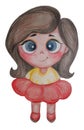 Childrens collection. Cute little brunette girl With a lush hair in a red skirt. Watercolors and colored pencils. Hand