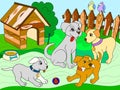 Childrens Color Book Cartoon Family On Nature. Mom Dog And Puppies Children