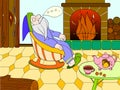 Childrens color book cartoon. The interior of the house, the fairy dwarf sleeps near the fireplace.