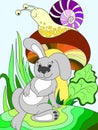 Childrens color cartoon animal friends in nature. Rabbit under a mushroom and snail