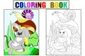 Childrens color and coloring cartoon animal friends in nature. Rabbit under a mushroom and snail