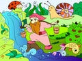 Childrens color. Forest, a magic dwarf is picking up water in a creek